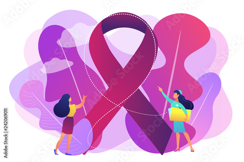 Doctor showing breast cancer awareness ribbon to the female patient. Breast cancer, women oncology factor, breast cancer prevention concept. Bright vibrant violet vector isolated illustration
