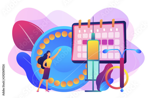Woman poining at oral contraceptives, iud and bc injection. Female contraceptives, oral hormonal contraception, birth fertility control concept. Bright vibrant violet vector isolated illustration