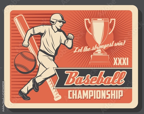 Baseball or softball player, ball, bat and trophy