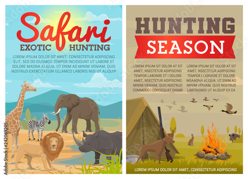 Safari hunting animals and birds with hunter gun