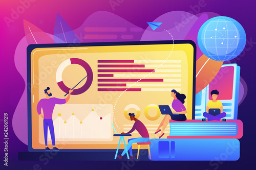 Professor with charts teaching students from laptop screen and globe. Distance education, off-campus learning, distance learning degree concept. Bright vibrant violet vector isolated illustration