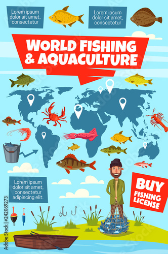 Fishing sport infographic with fisheries world map