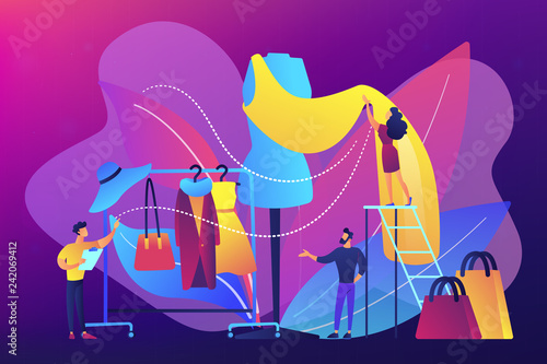 Designer team working on new clothes collection and piece of cloth on mannequin. Fashion industry, clothing style market, fashion business concept. Bright vibrant violet vector isolated illustration