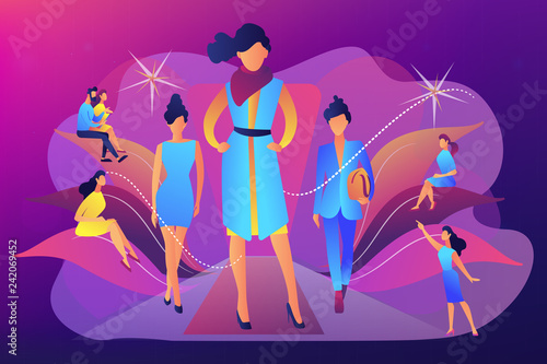 Designers display latest collection in runway fashion show to buyers and media. Fashion week, fashion industry event, runway fashion show concept. Bright vibrant violet vector isolated illustration