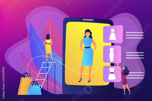 Shopper trying on clothes size and style in virual fitting room on tablet. Virtual fitting room, online dressing, e-commerce clothing room concept. Bright vibrant violet vector isolated illustration