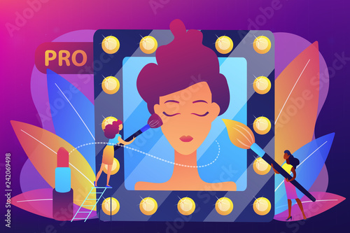 Professional makeup artists applying make up with brush on woman face in mirror. Professional makeup, pro artistry, makeup artist work concept. Bright vibrant violet vector isolated illustration