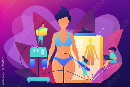 Plastic surgeon with a suction tube doing liposuction of woman marked body parts. Liposuction, lipo procedure, fat removal surgery concept. Bright vibrant violet vector isolated illustration
