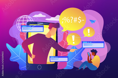 Bully in smartphone harassing, threatening and intimidating upset victim online. Cyberbullying, online flooding, social network harassment concept. Bright vibrant violet vector isolated illustration