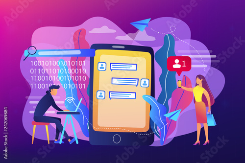 Stalker with laptop controls and intimidates the victim with messages. Cyberstalking, pursuit of social identity, online false accusations concept. Bright vibrant violet vector isolated illustration