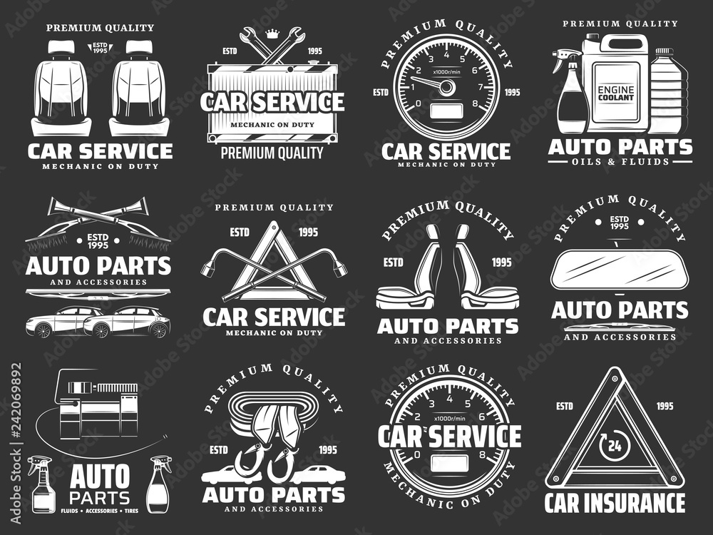 Car parts, motor oil and auto spare details icons Car parts, motor oil and auto spare details icons