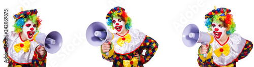 Funny male clown with megaphone 
