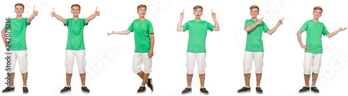 Young boy in green t-shirt isolated on white 