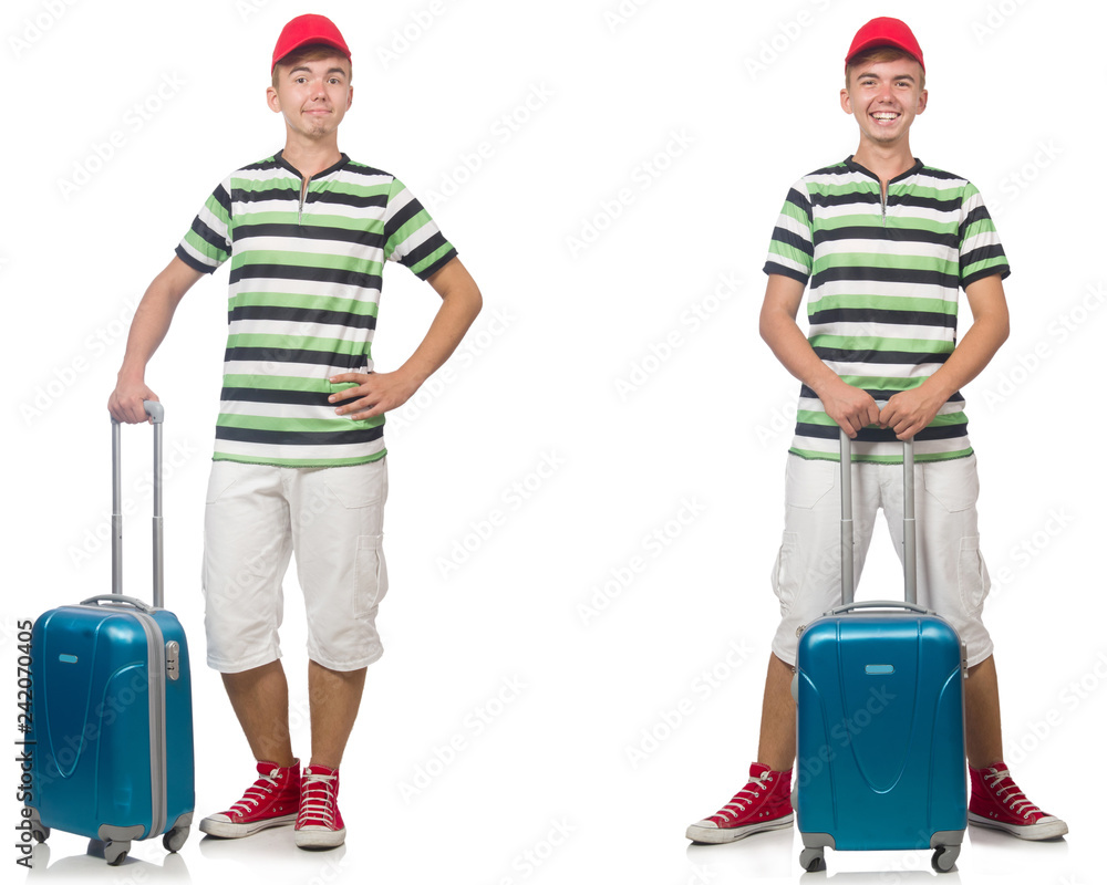 Young man with suitcase isolated on white Young man with suitcase isolated on white