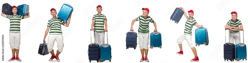 Young man with suitcase isolated on white Young man with suitcase isolated on white