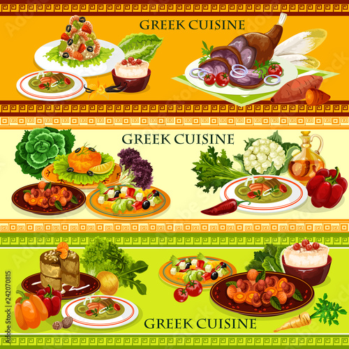 Greek cuisine seafood dishes with rice dessert