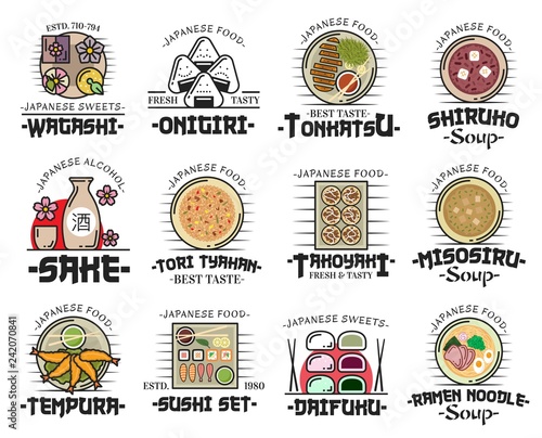 Japanese cuisine dishes icons of asian food