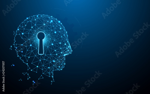 Key and human head form lines, triangles and particle style design. Illustration vector
