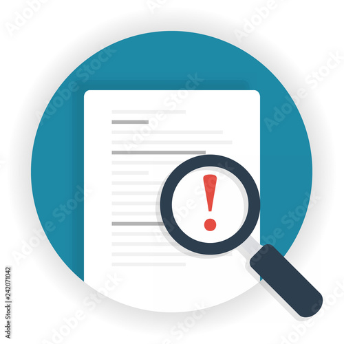 Exclamation mark magnifying glass. Business Risk Analysis symbol with magnifying glass icon and exclamation mark