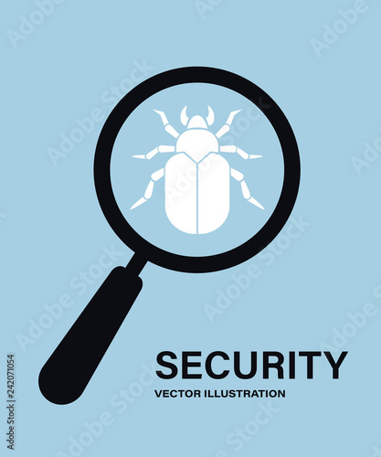Virus search. Magnifying glass and virus bug simple solid icon. Virus search logo concept