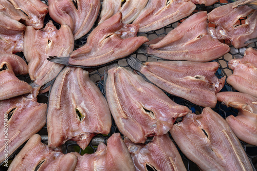 Sun dried striped snakehead fish for sale at local marke