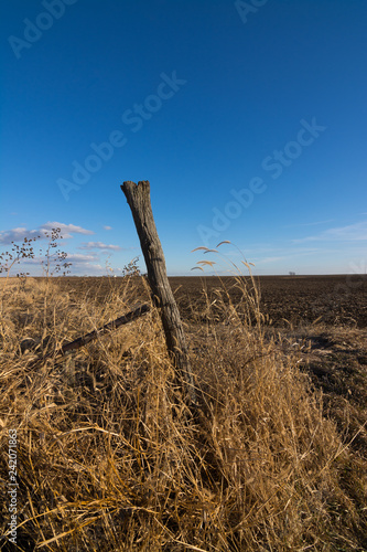 Wooden post with rural farmland in background.