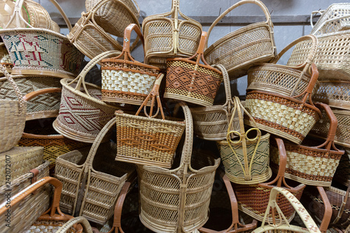 Hand made wicker baskets in local place. It famous folk crafts in Thailand photo