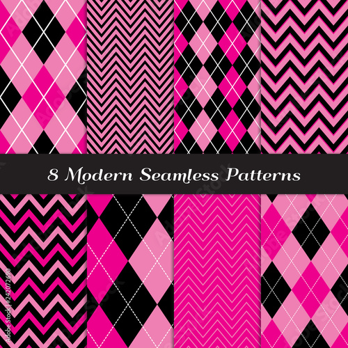 Deep Pink, Pink and Black with White Accent Lines Argyle and Chevron Seamless Vector Patterns. Perfect for Girls Monster Dolls Party or Bachelorette Party. Repeating Pattern Tile Swatches Included.