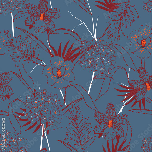 Rero orchid and graden flower mix with dash line leaves seamless pattern vector for fashion fabric and all prints