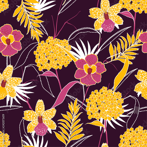Retro and bright yellow blooming graden flower mix with dash line leaves seamless pattern vector for fashion fabric and all prints
