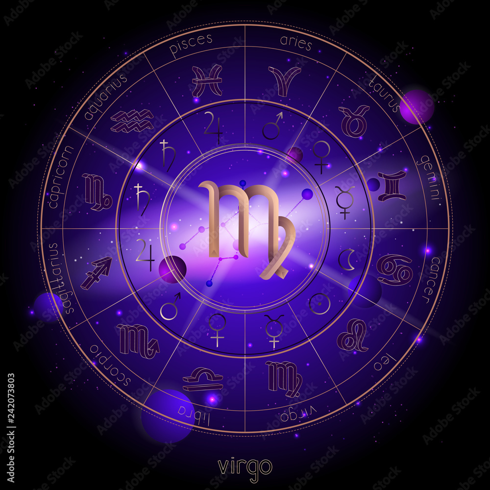 Vector illustration of sign and constellation VIRGO and Horoscope circle with astrology pictograms against the space background.