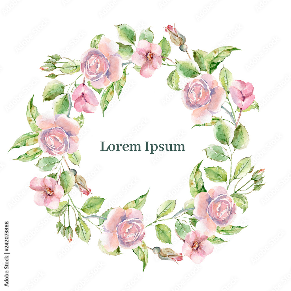 Watercolor wreath for wedding or romantic design. Floral composi