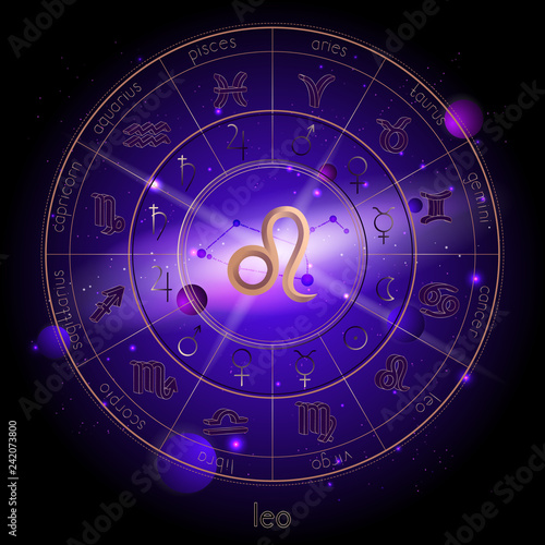 Vector illustration of sign and constellation LEO and Horoscope circle with astrology pictograms against the space background.
