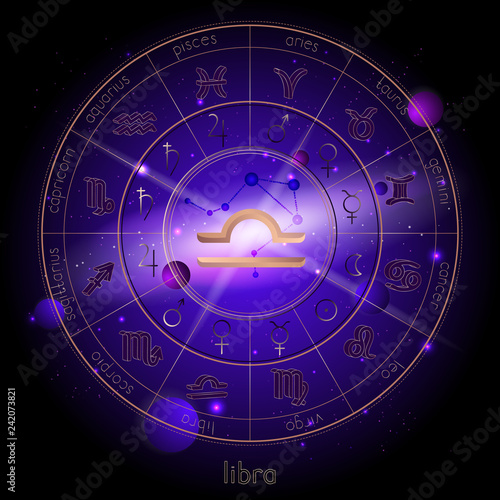 Vector illustration of sign and constellation LIBRA and Horoscope circle with astrology pictograms against the space background.