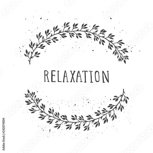 Vector hand drawn illustration of text RELAXATION and floral round frame.