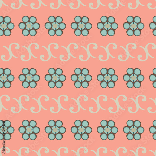 Light green gemstone clusters and filigree shapes on a coral background create this seamless vector pattern. For special occasion invitations, printed textiles, paper, cards and graphic design uses.