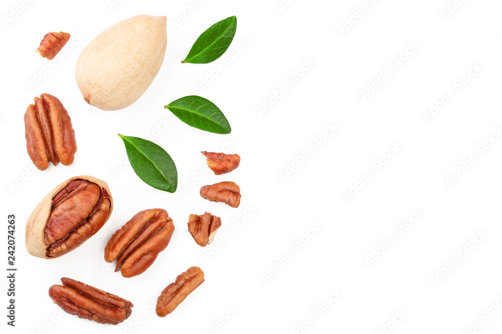 pecan nut decorated with green leaves isolated on white background. Top view. Flat lay pecan nut decorated with green leaves isolated on white background. Top view. Flat lay