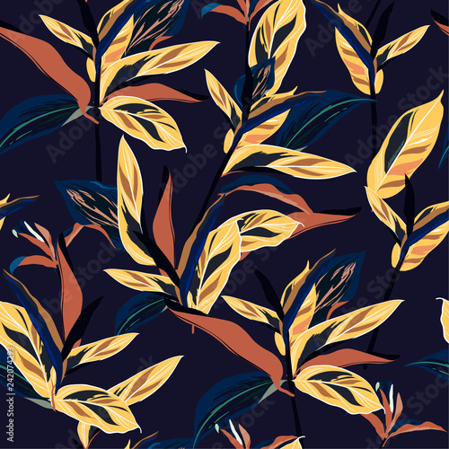 Colorful tropical leaves. Seamless graphic design with amazing palms. Fashion, interior, wrapping, packaging suitable. Realistic palm leaves.vector