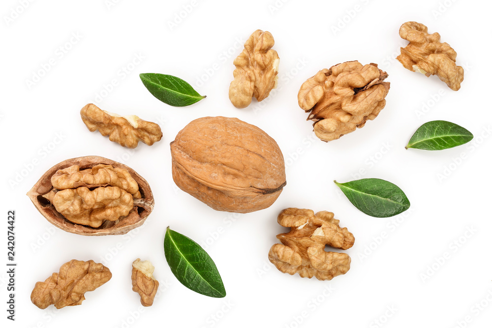 Walnuts with leaf isolated on white background. Top view. Flat lay Walnuts with leaf isolated on white background. Top view. Flat lay