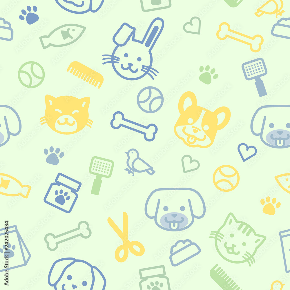 Pet shop seamless pattern in outline cartoon, pastel color