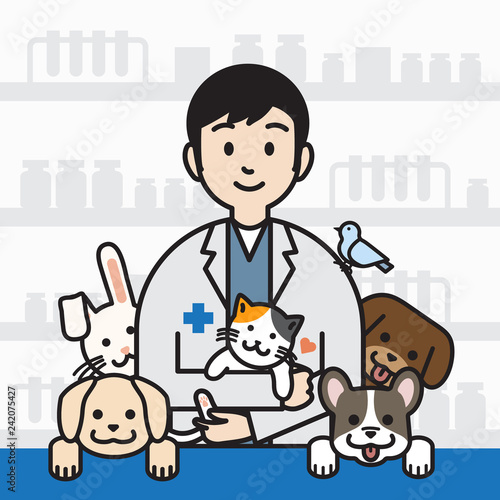 Male veterinarian surrounded with pet in vet clinic, outline cartoon
