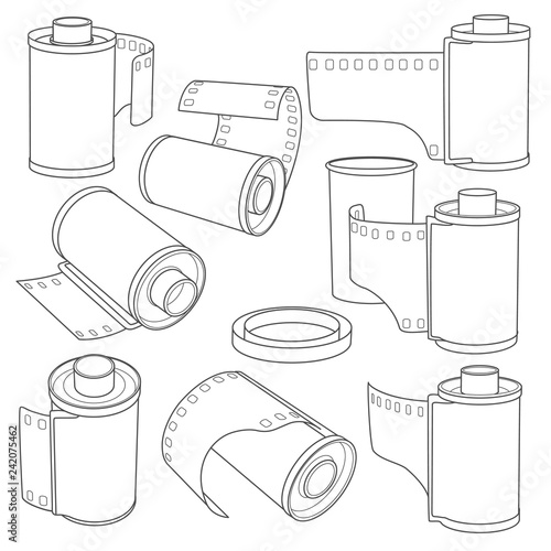 set of hand drawing the film in the cassette and 35mm film rolls