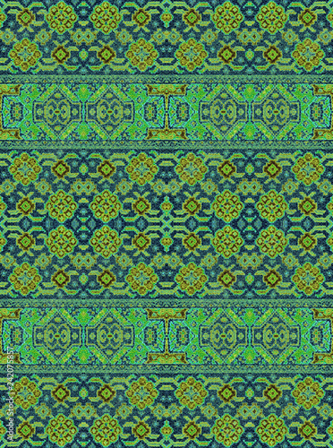 .A pattern of floral and geometric elements for carpet, bedding
