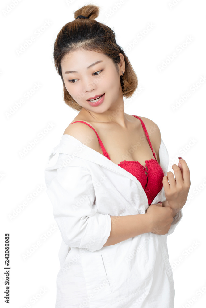 Chinese woman posing in white shirt on white background Chinese woman posing in white shirt on white background