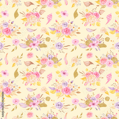 Watercolor seamless pattern with roses, leaves, flowers branches. Texture with gold and pink for wedding, romantic design, valentine's day, packaging, wallpaper, scrapbooking.
