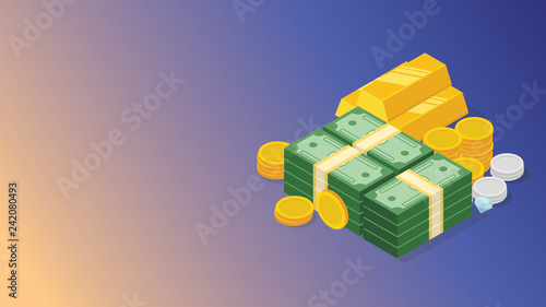 financial money cash management with stack of money and gold coin with free space for text - vector
