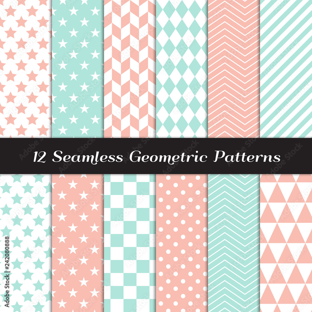 Pastel Mint and Coral Pink Geometric Vector Patterns. Herringbone, Harlequin, Triangles, Chevron, Dots, Checks, Stars & Stripes Print Backgrounds. Pattern Tile Swatches included.
