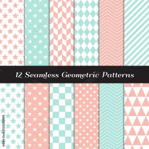 Pastel Mint and Coral Pink Geometric Vector Patterns. Herringbone, Harlequin, Triangles, Chevron, Dots, Checks, Stars & Stripes Print Backgrounds. Pattern Tile Swatches included.