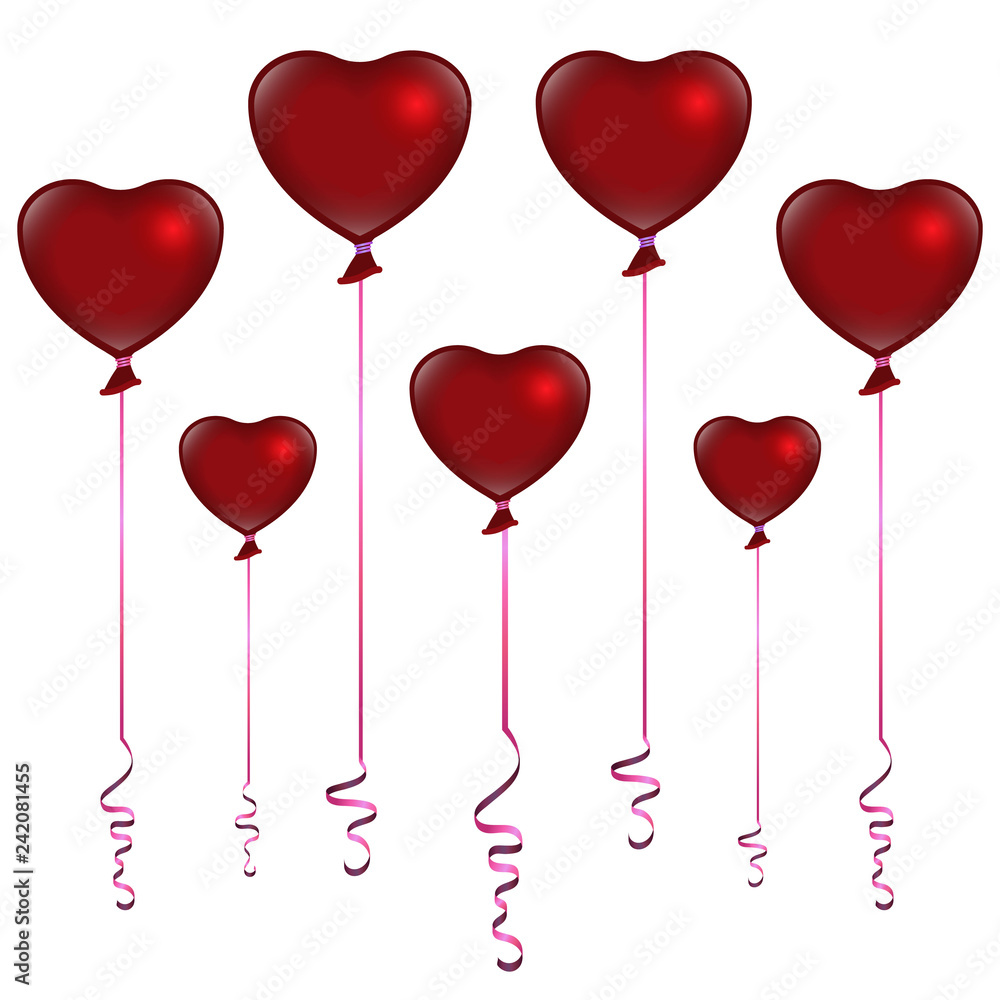 Valentines Day red balloons on white background, cute romantic backdrop for web and print vector illustration.