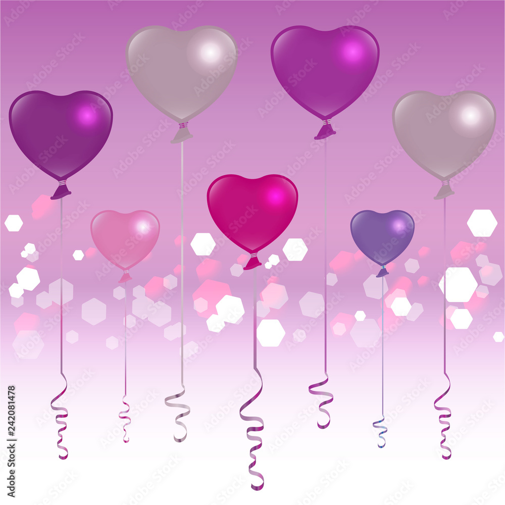 Valentines Day silver, pink and purple balloons on light pink background