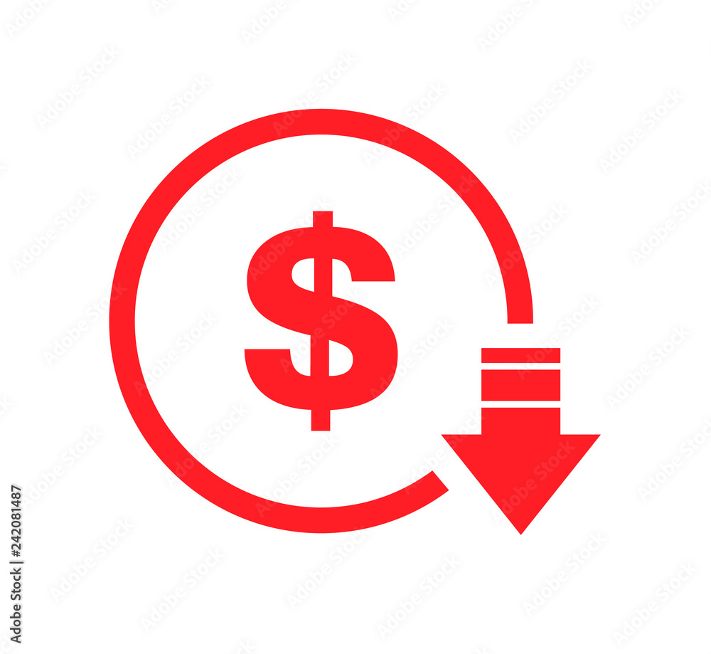 Cost reduction- decrease dollar icon. Vector symbol image isolated on background . Cost reduction- decrease dollar icon. Vector symbol image isolated on background .